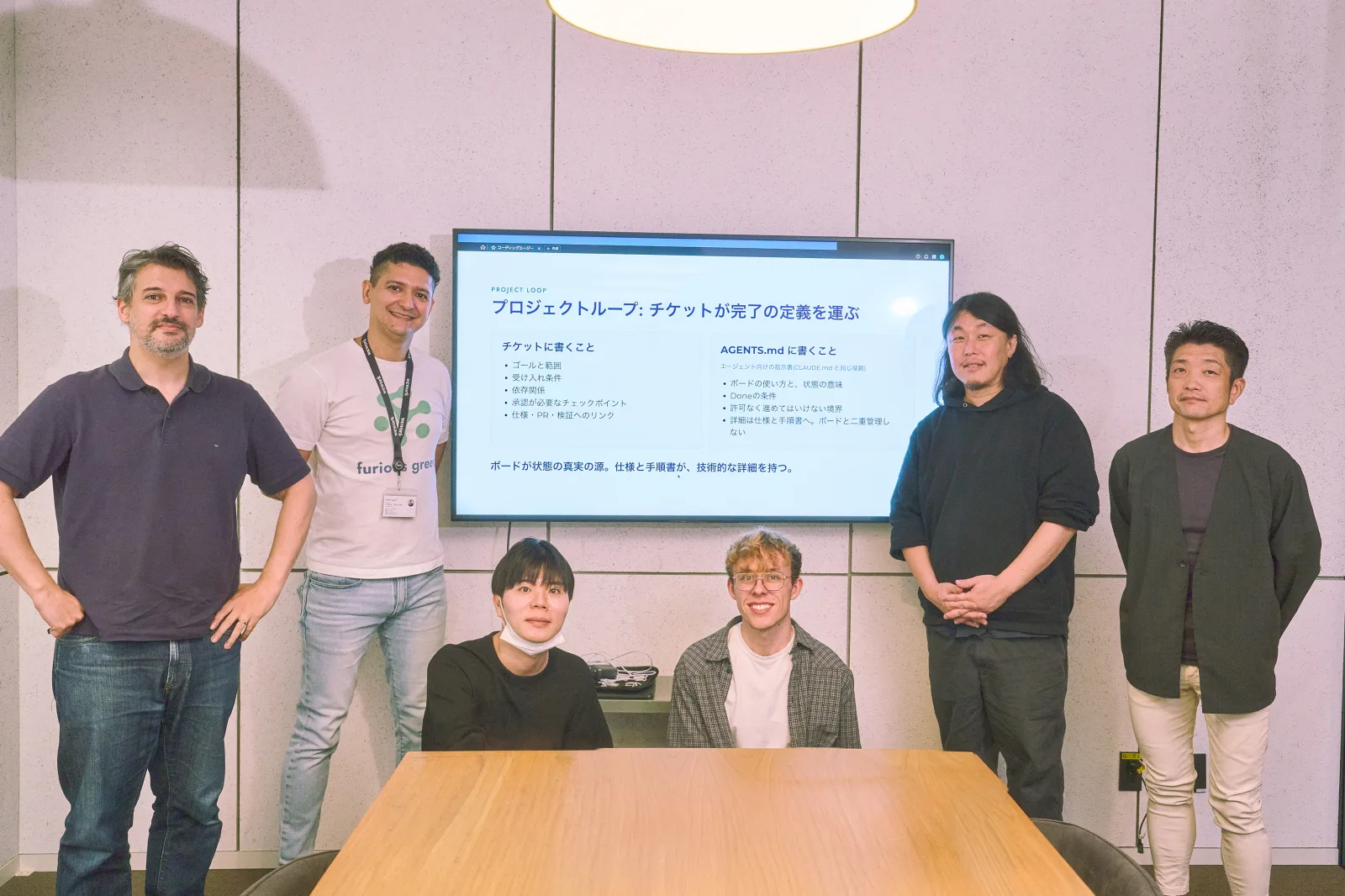 研修の参加者6人の集合写真。中央にスライド「プロジェクトループ」