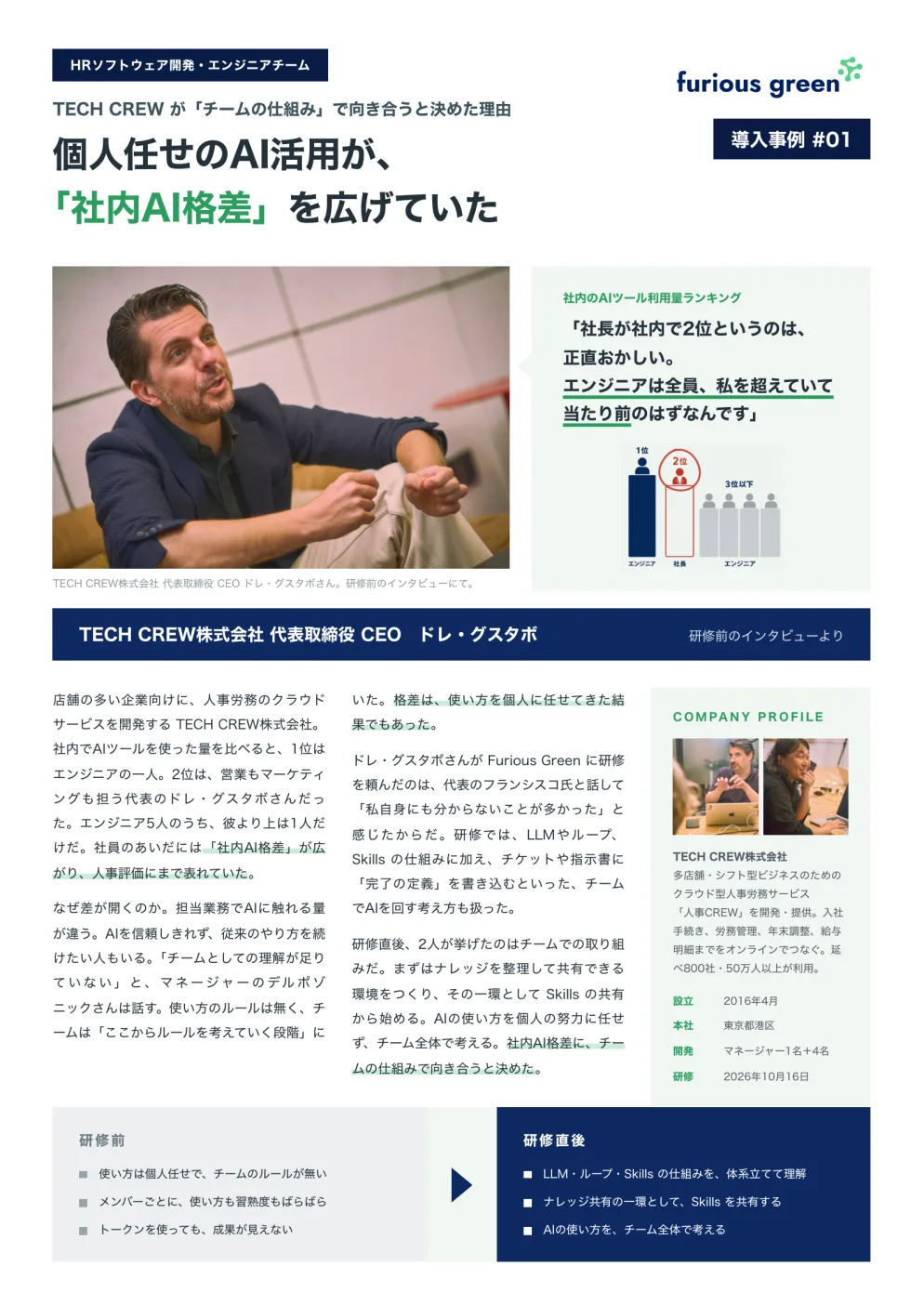 営業用PDFの1ページ目。見出し「個人任せのAI活用が、『社内AI格差』を広げていた」と社長の写真