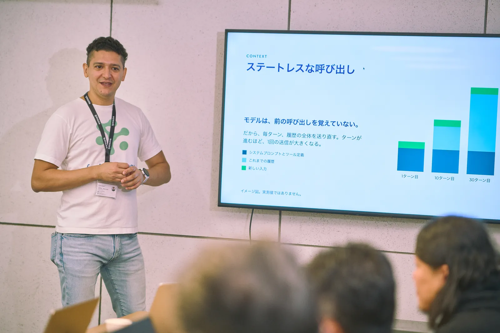 スライド「ステートレスな呼び出し」の前で話すフランシスコ氏